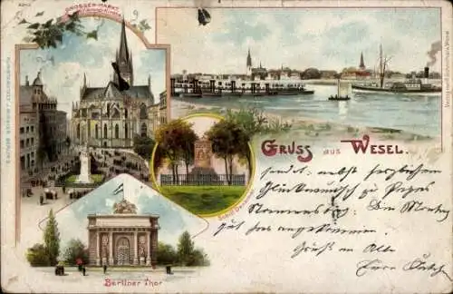 Litho Wesel am Niederrhein, Panorama, Dampfer, großer Markt, Berliner Tor, Schill-Denkmal