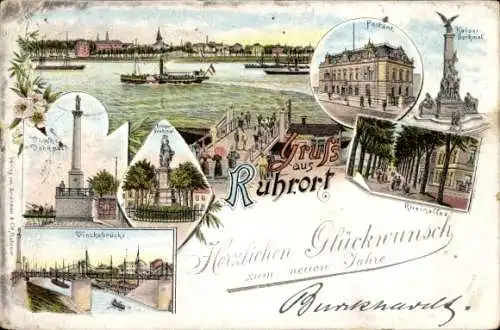 Litho Ruhrort Duisburg im Ruhrgebiet, Post, Kaiserdenkmal, Rheinallee, Vincke Denkmal, Brücke