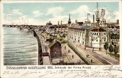 Litho Düsseldorf am Rhein, Industrie und Gewerbeausstellung 1902, Gebäude der Firma Krupp