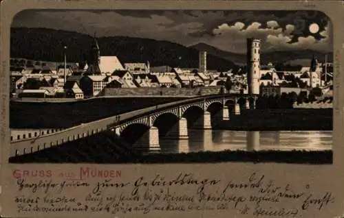 Mondschein Litho Hann. Münden in Niedersachsen, Teilansicht, Brücke