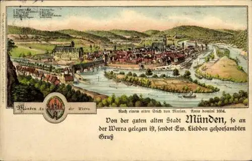 Künstler Ak Merian, Hann. Münden in Niedersachsen, Stadt im Jahre 1654