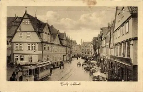 Ak Celle in Niedersachsen, Markt, Straßenbahn