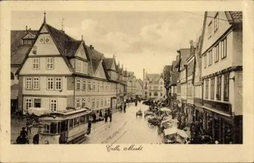 Ak Celle in Niedersachsen, Markt, Straßenbahn