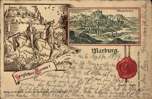 Ak Marburg an der Lahn, Panorama 1496, Siegel