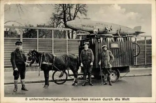 Ak 3 Reisende mit Pferdekarren und Zeppelin Modell, LZ 127