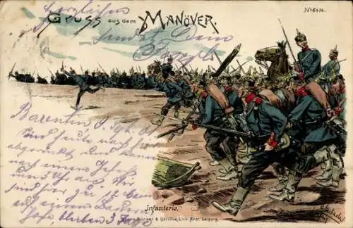 Künstler Litho Salach, O., Gruß aus dem Manöver, Kaiserreich, Infanterie