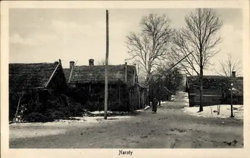 Ak Naroty Naraty Weißrussland, Straße, Schranke, Winter, I. WK