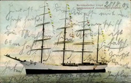 Ak Kadettenschulschiff Herzogin Sophie Charlotte, Norddeutscher Lloyd Bremen NDL