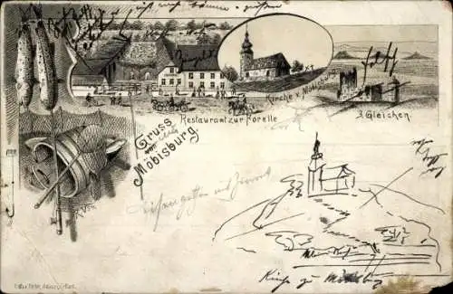 Litho Möbisburg Erfurt in Thüringen, Restaurant zur Forelle, Drei Gleichen