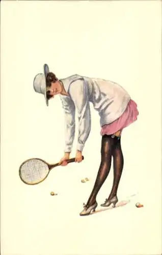 Ak Dame spielt Tennis, Tennisschläger, Damenhut, Tennisbälle