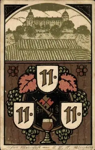 Studentika Ak Würzburg am Main Unterfranken, § 11, Datum 11.11.1911, Weinkelch, Weintrauben, Festung