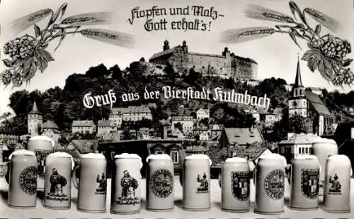 Ak Hopfen und Malz, Gott erhalt's, Gruß aus der Bierstadt Kulmbach, Bierkrüge