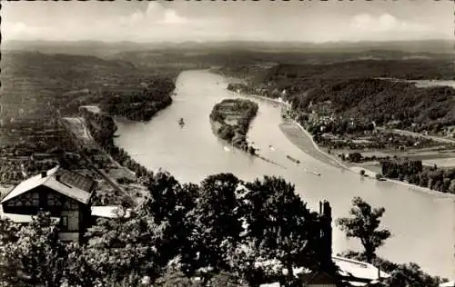 Ak Königswinter am Rhein, Drachenfels, Panorama, Blick auf Rheininsel Nonnenwerth