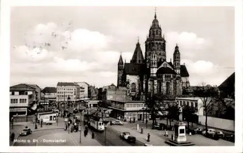 Ak Mainz am Rhein, Domviertel, Dom, Denkmal, Straßenbahn