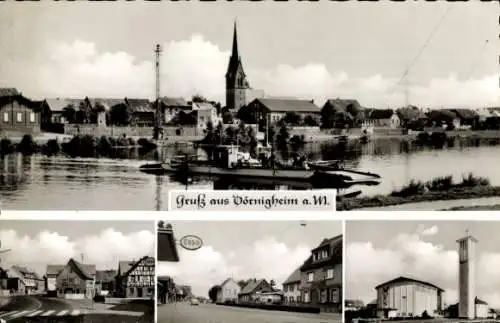 Ak Dörnigheim am Main, Panorama, Fähre, Kirche, Straßenpartie, Esso-Tankstelle