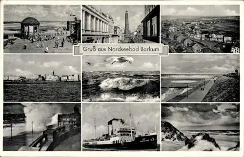 Ak Nordseebad Borkum in Ostfriesland, Gesamtansicht, Leuchtturm, Promenade, Dampfschiff