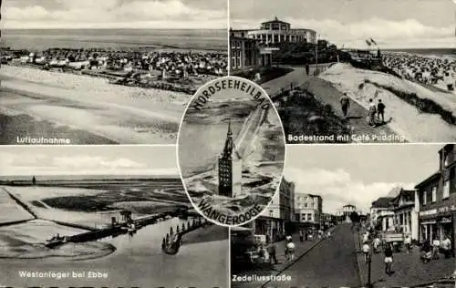 Ak Nordseebad Wangerooge in Ostfriesland, Badestrand, Café Pudding, Zedeliusstraße, Westanleger