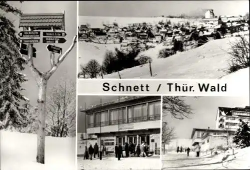 Ak Schnett Masserberg in Thüringen, Gesamtansicht, Schnee, Wegweiser