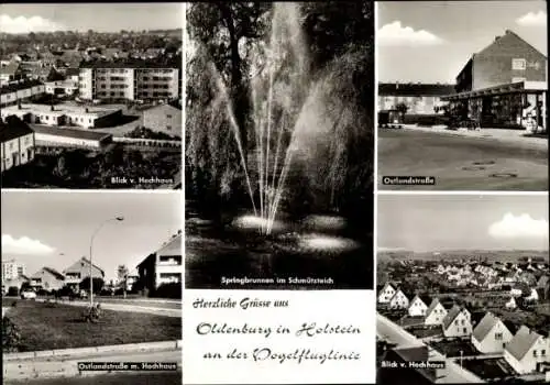 Ak Oldenburg in Holstein, Springbrunnen, Schmützteich, Ostlandstraße, Blick vom Hochhaus