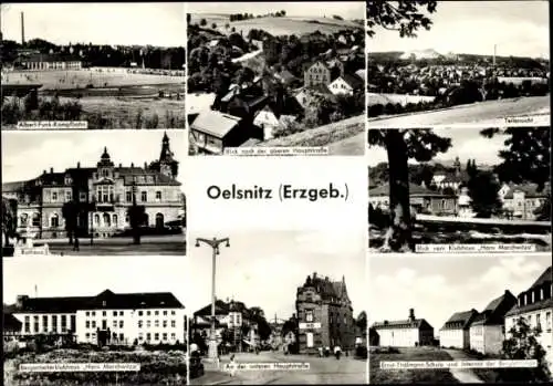 Ak Oelsnitz im Erzgebirge, Albert Funk Kampfbahn, Rathaus, Hauptstraße, Schule