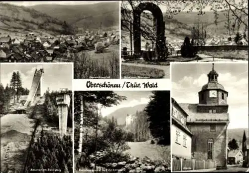 Ak Oberschönau Steinbach Hallenberg im Thüringer Wald, Ehrenmal, Schanze am Rennsteig, Kirche