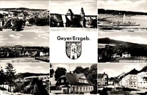 Ak Geyer im Erzgebirge Sachsen, Teilansicht, Karl Marx Platz, Stauweiher Großer Teich, Binge, Brücke