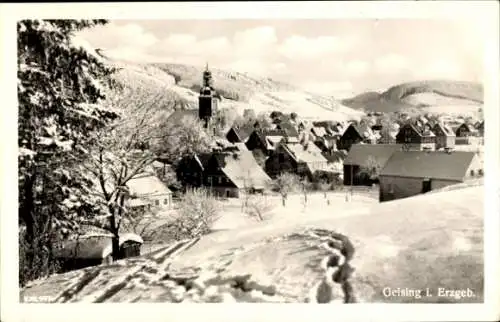 Ak Geising Altenberg im Erzgebirge, Panorama, Kirchturm, Winteransicht