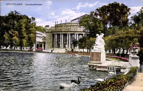 Ak Stuttgart in Württemberg, Landestheater, Schwäne, Skulpturen