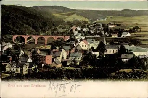 Ak Rödlitz Lichtenstein in Sachsen, Rödlitztal, Ortspanorama, Brücke