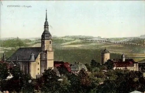 Ak Zschopau im Erzgebirge Sachsen, Ortsansicht mit Kirche und Burg