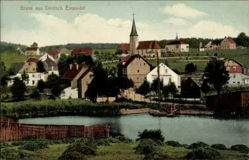 Ak Deutscheinsiedel Deutschneudorf im Erzgebirge, Gesamtansicht, Kirche