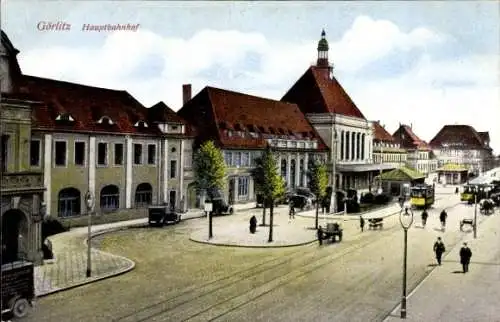 Ak Görlitz in der Lausitz, Hauptbahnhof, Straßenbahn