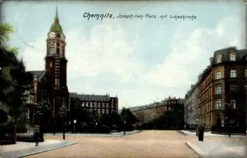 Ak Chemnitz Sachsen, Josephinenplatz mit Lukas Kirche, Straßenkreuzung