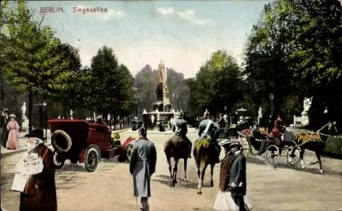 Ak Berlin Tiergarten, Siegesallee, Siegessäule, Kutschen, Auto