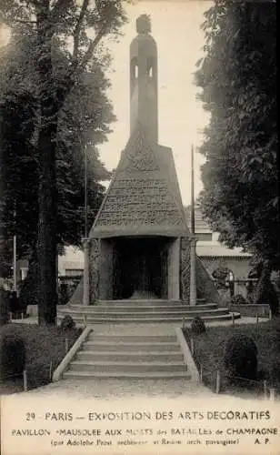 Ak Paris, Exposition des Arts Décoratifs, Pavillon Mausolee aux Morts des Batailles de Champagne