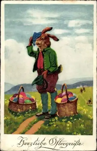 Ak Glückwunsch Ostern, Vermenschlichter Hase mit Ostereiern