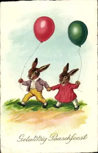 Ak Glückwunsch Ostern, Hasenkinder mit Luftballons