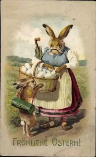 Ak Glückwunsch Ostern, Vermenschlichte Hasen, Korb mit Eiern