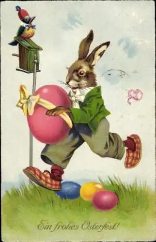 Ak Glückwunsch Ostern, Vermenschlichter Hase, Pantoffeln, Ostereier