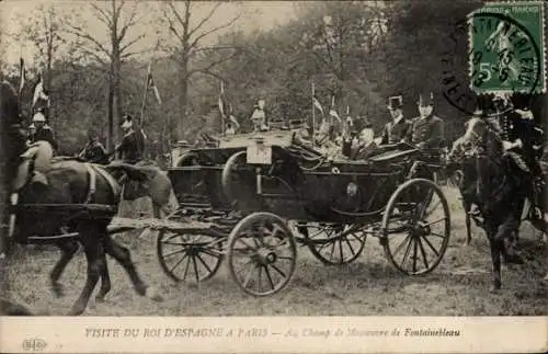 Ak Fontainebleau Seine et Marne, Manöverfeld, Besuch König Alfonso XIII von Spanien in Paris