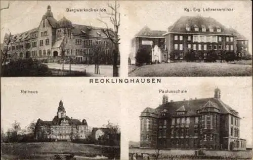 Ak Recklinghausen im Ruhrgebiet, Bergwerksdirektion, Rathaus, Kgl. Evg. Lehrerseminar, Paulusschule