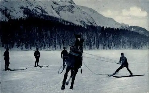 Ak Wintersport, Pferd zieht einen Skifahrer, Ski, Schnee