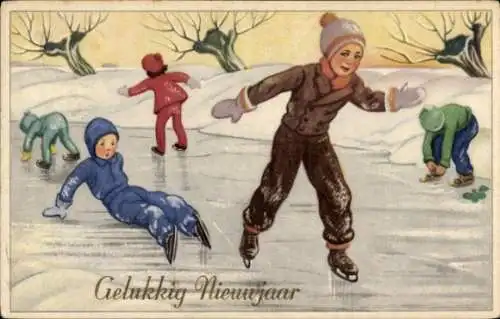 Ak Glückwunsch Neujahr, Kinder beim Eislaufen, Tollpatschiger Junge