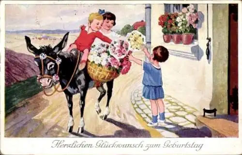 Ak Glückwunsch zum Geburtstag, Junge und Mädchen mit Blumensträußen auf einem Esel