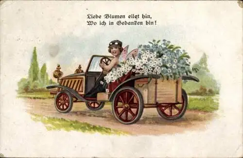 Ak Liebe Blumen eilet hin, wo ich in Gedanken bin, Fee im Automobil, Blumen