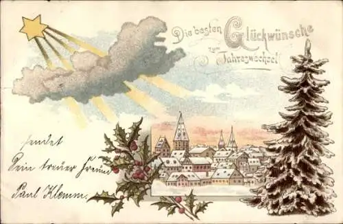 Litho Fröhliches Neujahr, verschneite Stadt, Stechpalmenzweig, Stern, Tannenbaum