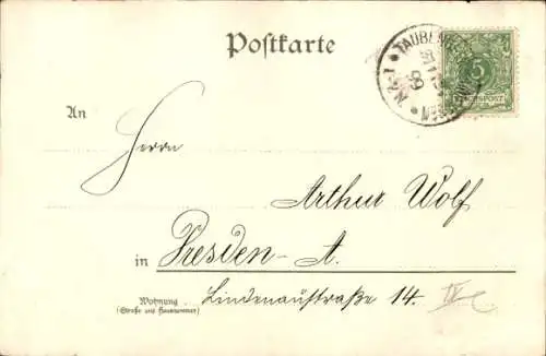 Litho Fröhliches Neujahr, verschneite Stadt, Stechpalmenzweig, Stern, Tannenbaum