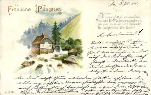 Litho Frohe Pfingsten, O Lenzesduft, o Lenzeswehen, Wassermühle