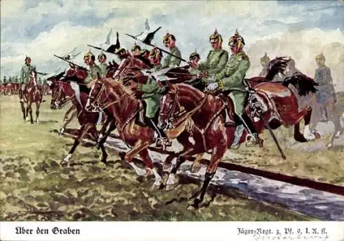 Künstler Ak Döbrich Steglitz, Jäger Regiment 3, Über den Graben