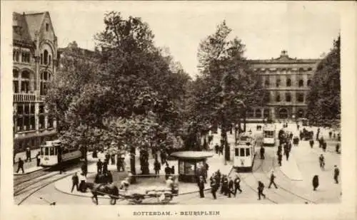 Ak Rotterdam Südholland Niederlande, Beursplein, Straßenbahnen, Passanten